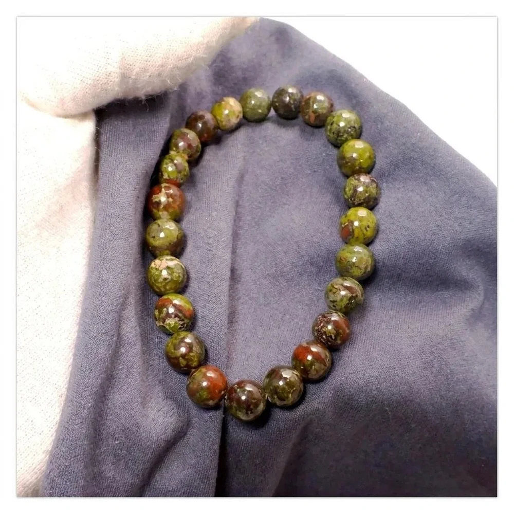 Dragon Bloodstone Bracelet Handmade Stretch Cord Green Red Polished Beads‎ EX!